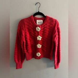 Red Cable Knit Cardigan with Floral Accents